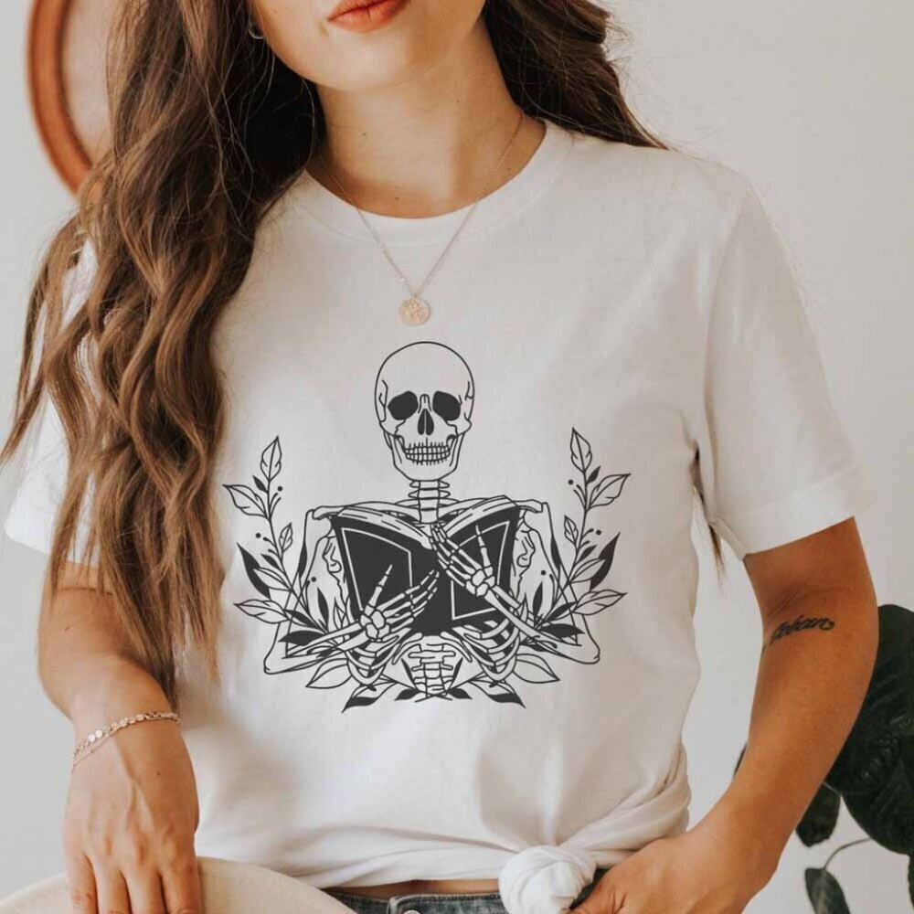 Tshirt Skeleton Book Skull  Skull Shirt  Boho Clothing  Skeleton